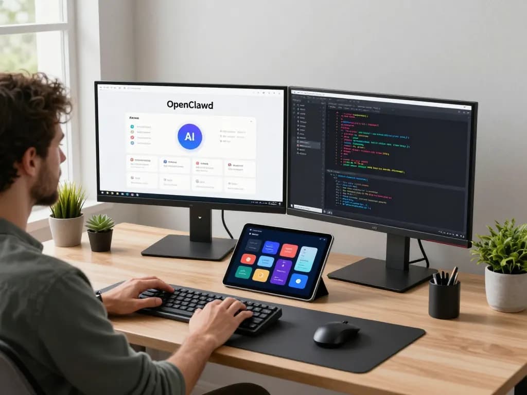 Developer utilizing clawbot AI assistant in a modern home office with dual monitors and tech gadgets.