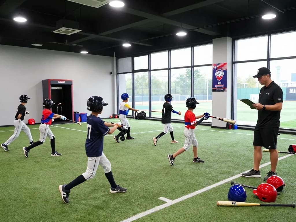 Training at hitclub baseball facility with young athletes practicing swings and coaches guiding.
