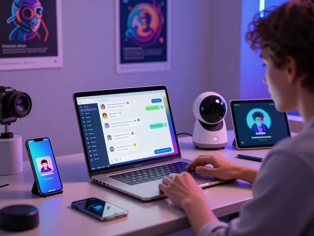 Engaged user interacting with Crushon AI on a laptop in a modern workspace.
