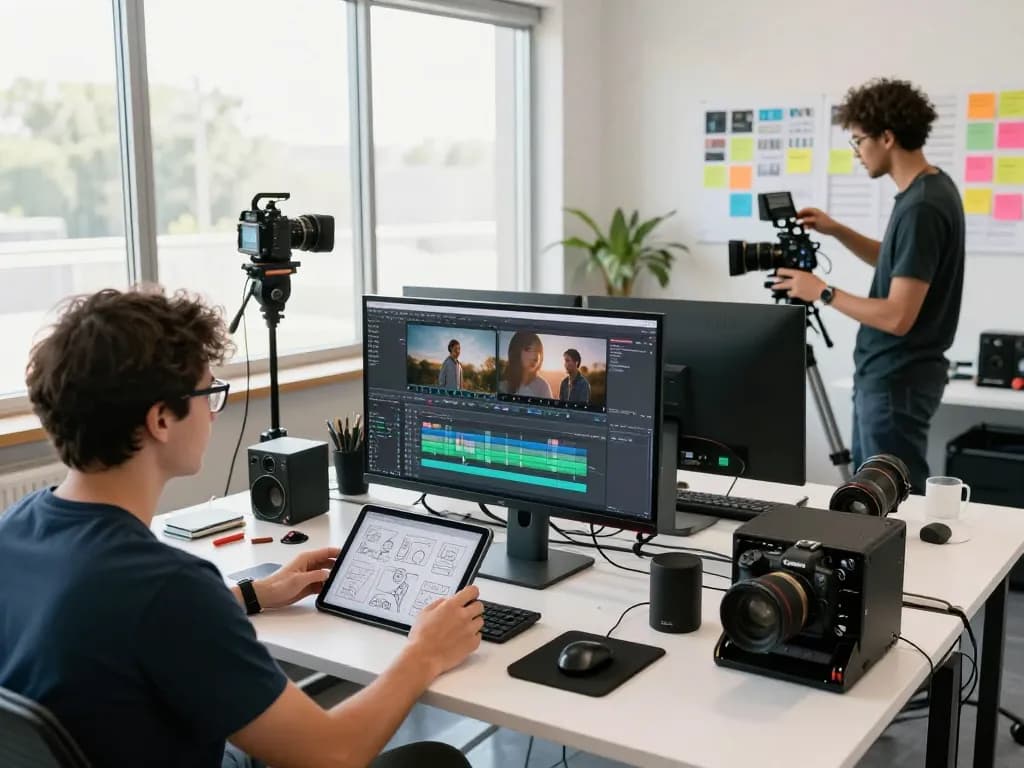 Seedance 2.0 AI video production team collaborating in a bright studio environment