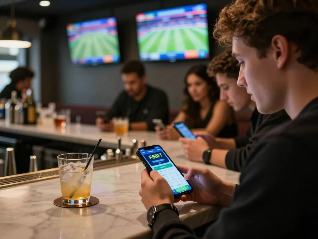 Engaged bettor analyzing odds on F8BET mobile app in a vibrant sports bar setting