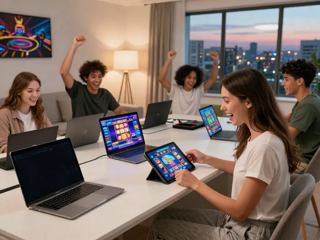 Exciting scene of players celebrating at gambling sites not on gamstop with tablets and mobile devices.