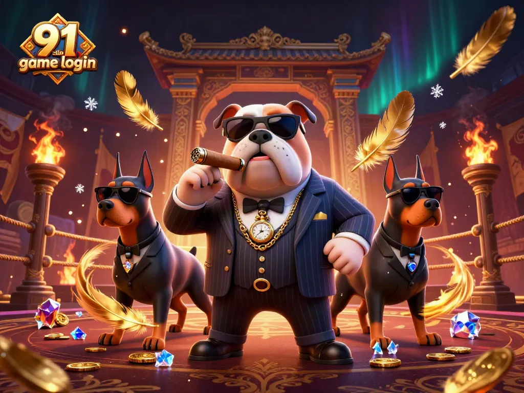 Engage with the 91 club game login showcasing a bulldog boss and Doberman bodyguards in a vibrant casino scene.