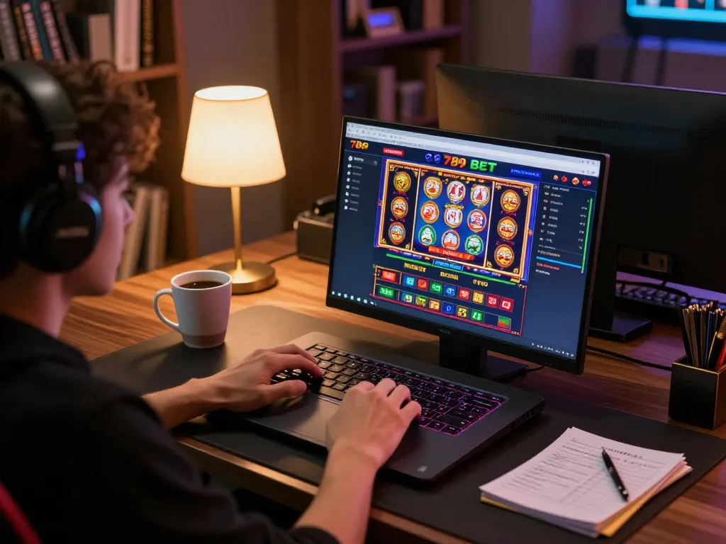 Player engaging in online gaming at 789BET with laptop showing vibrant casino graphics and notes.