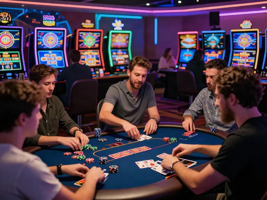 Engaging players at gambling sites not on GamStop enjoying various online games in a vibrant casino atmosphere