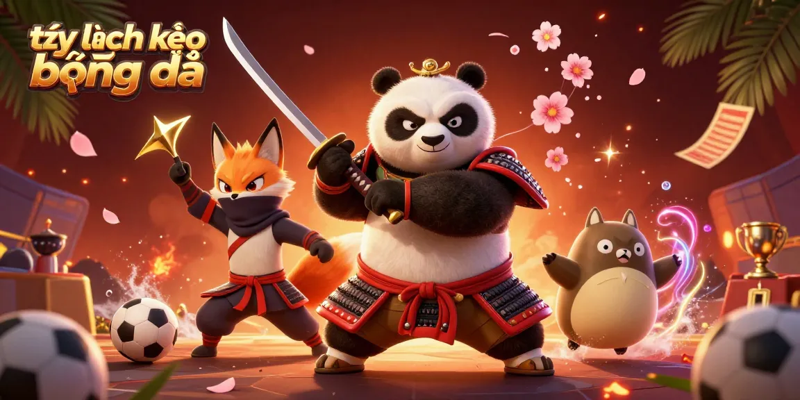 Experience the latest tỷ lệ kèo bóng đá with a dynamic 3D scene featuring a samurai panda and his companions amidst exciting gambling elements.