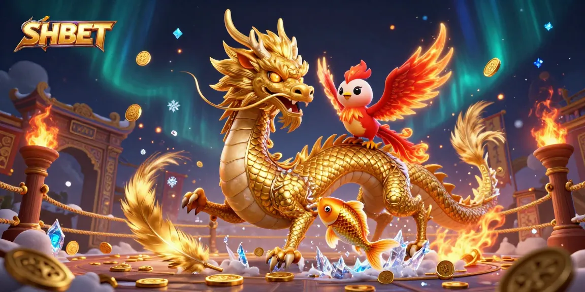 Bet big with SHBET, as a dragon and phoenix soar over a bounty of coins in this magical casino scene.