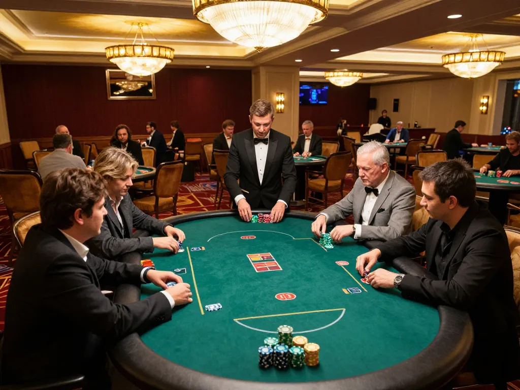 Players strategizing during an intense poker game at 58wiin casino, showcasing luxury and focus.