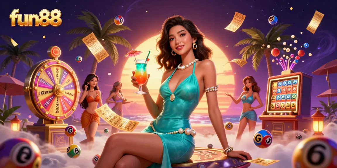 Engage with fun88's vibrant online gaming world in a lively tropical casino setting.