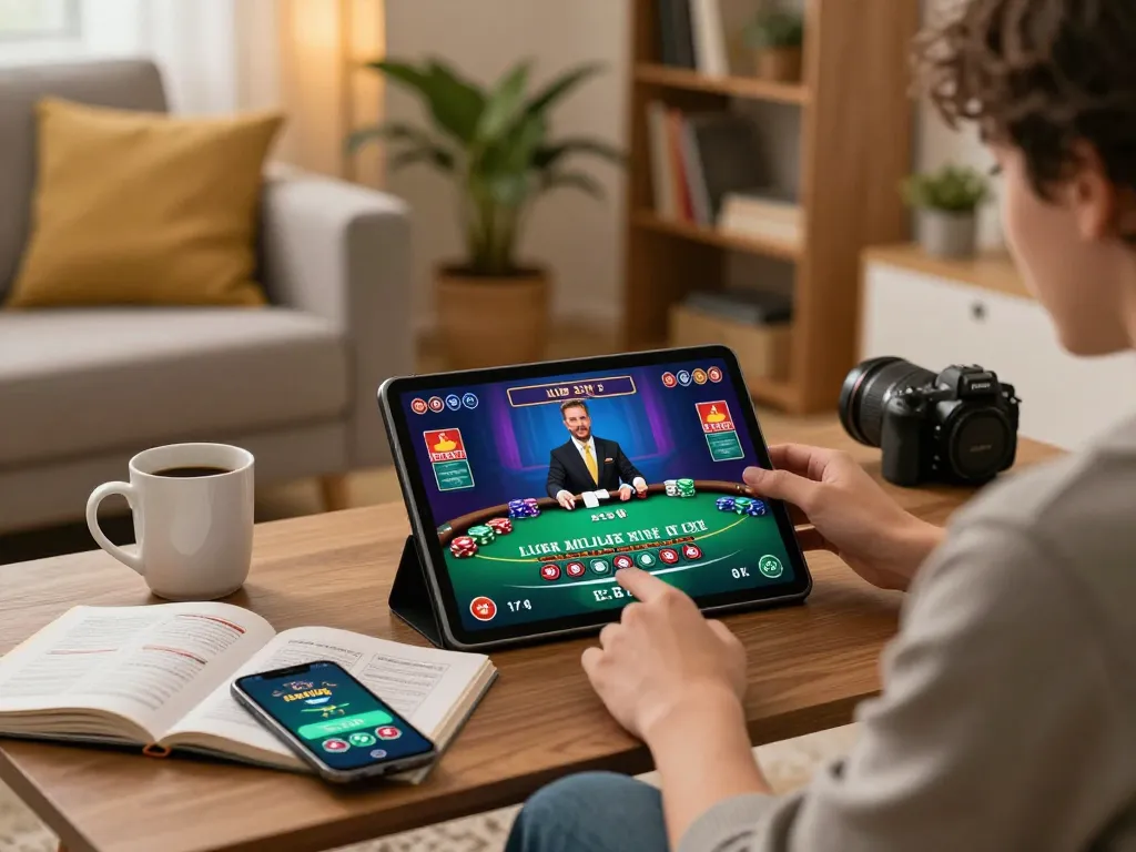 Engaging in fun88 mobile blackjack gaming with strategic notes and cozy home atmosphere.