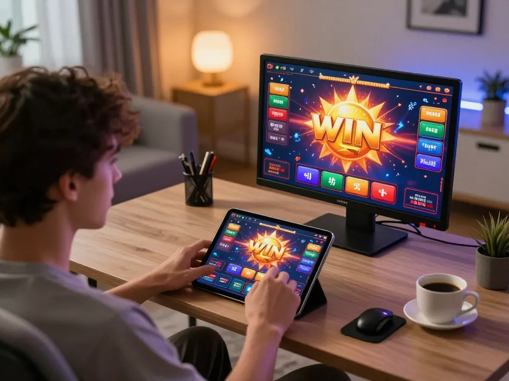 Engaging in sun win online gaming with tablet in a cozy home office setting