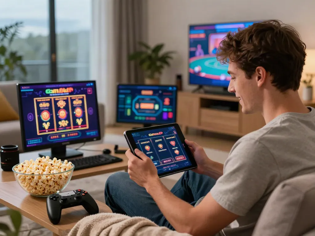 Young man exploring gambling sites not on GamStop in a cozy living room.
