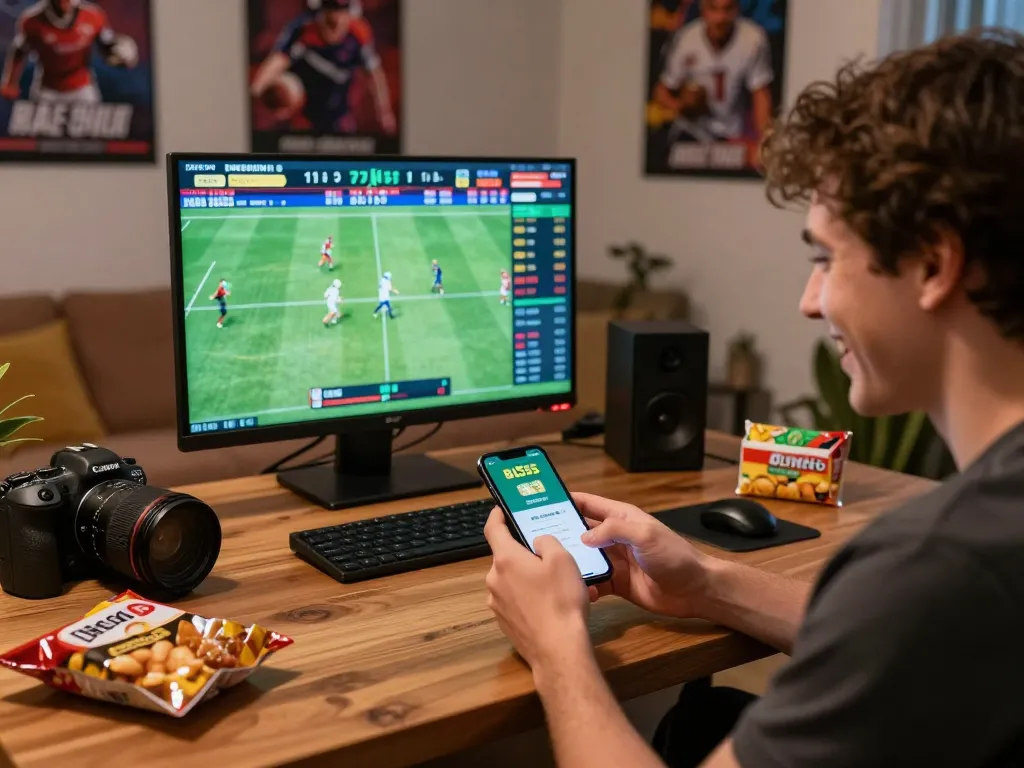 Engaging sports betting moment on Bl555 app, with user excitedly placing bets on smartphone.