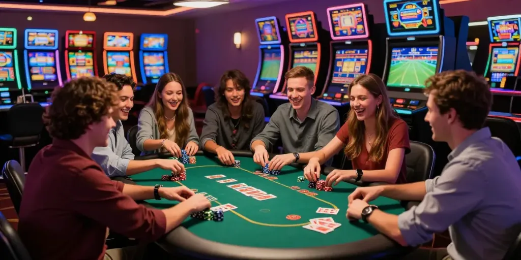Exciting scene at gambling sites not on GamStop with friends at a poker table