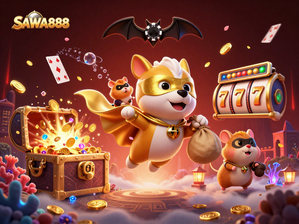 Win big with SAWA888 as a superhero dog flies with gold coins amidst vibrant casino elements.