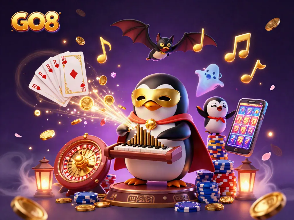 Experience the magic of GO8 Casino with cascading coins and lively 3D characters in a vibrant gaming scene.