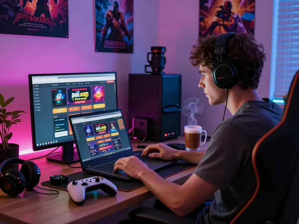 Engaging gaming scene showcasing a player exploring gambling sites not on GamStop in a cozy setting.
