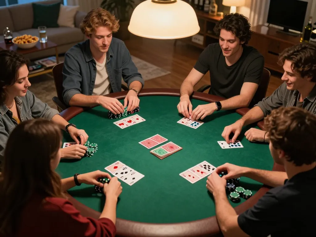 Bj88 poker night with friends, showcasing an engaging game around a round table filled with chips and cards.