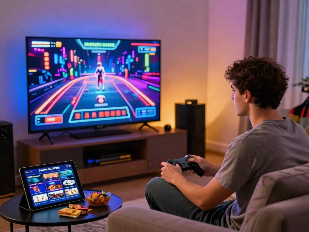 Engaging man enjoying gambling sites not on GamStop in a cozy living room.