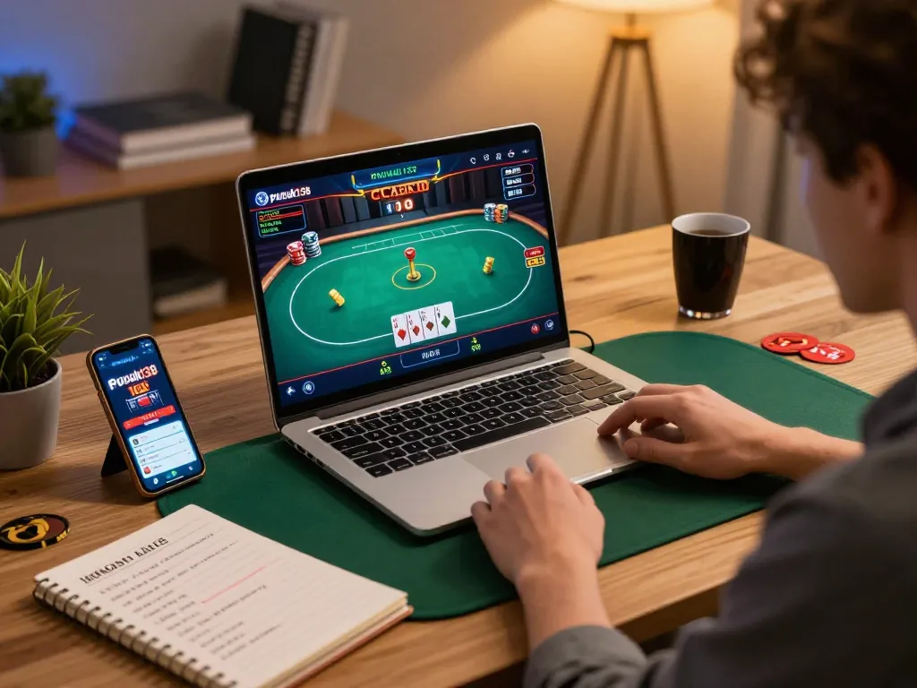 Pucuk138 user engaged in online poker, showcasing responsible gaming setup with tablet and notes.