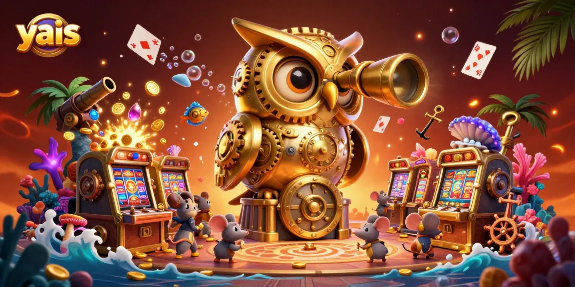 Play at yais casino with a golden owl overseeing players amid sparkling treasure.