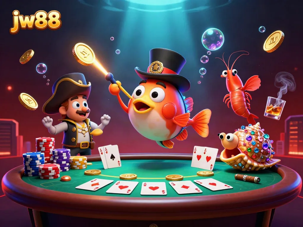 Engaging jw88 online casino scene with 3D characters attracting coins at a poker table.