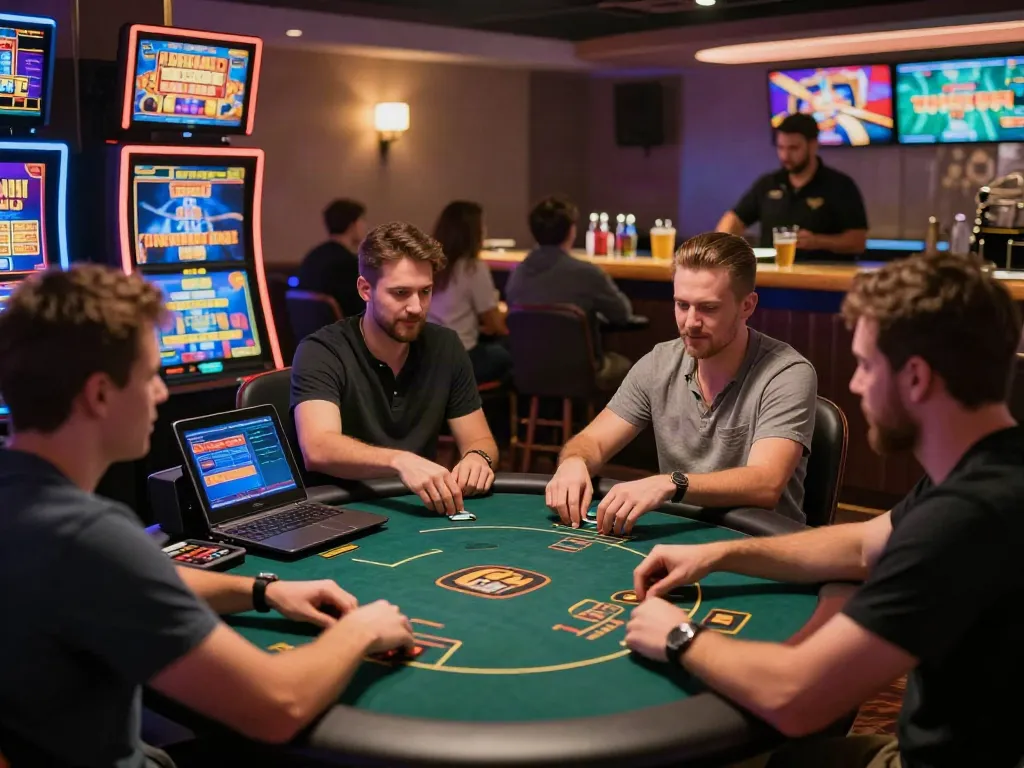 Exciting online gambling scene showcasing players at gaming stations exploring gambling sites not on GamStop.