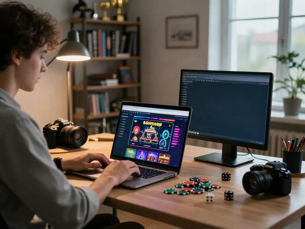 Engaging home office scene of a person exploring gambling sites not on GamStop.