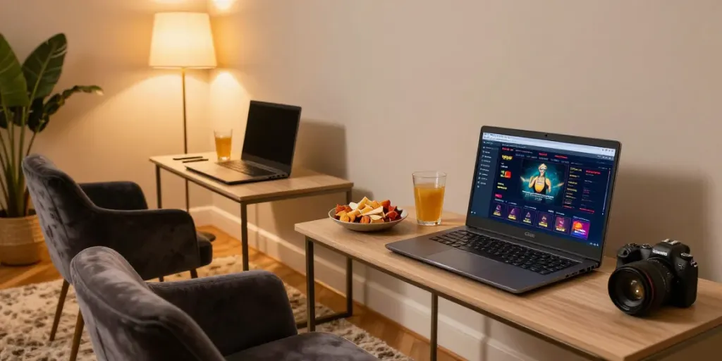 Engaging gaming lounge with a gambling site not on GamStop displayed on a laptop.