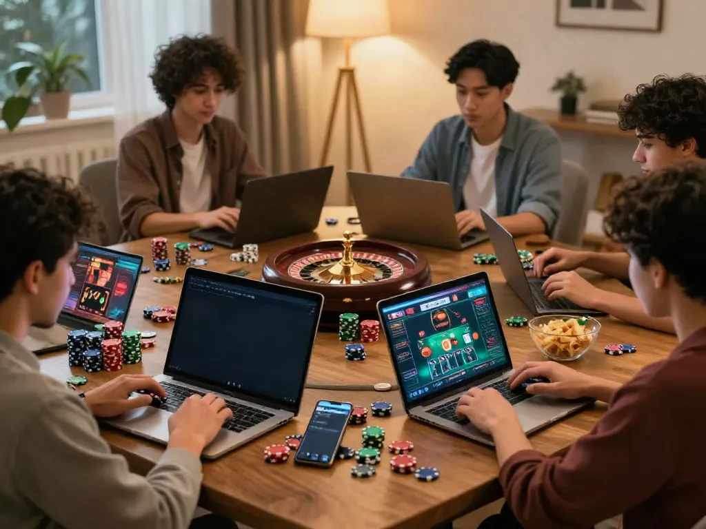 Players enjoying gambling sites not on GamStop in a cozy living room setting with vibrant gaming elements.