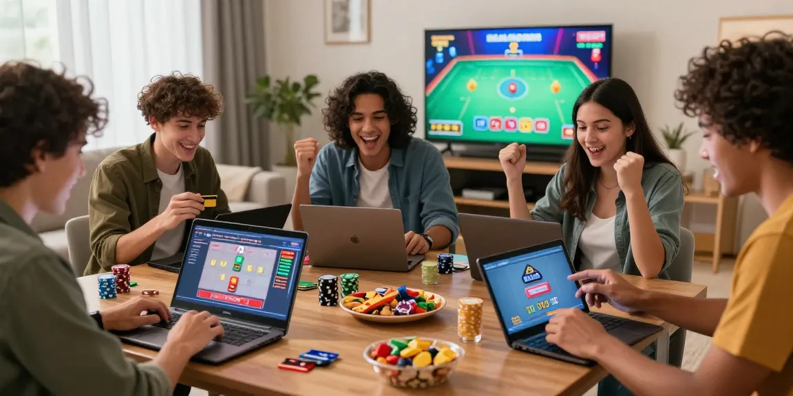 Group of friends enjoying a lively evening at a credit card casino, celebrating wins on laptops and smartphones, showcasing the excitement of online gambling.