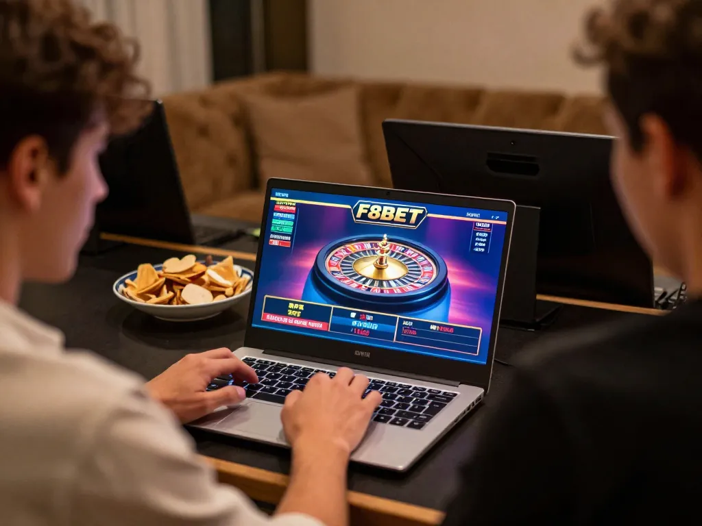 Player enjoying F8BET online casino gaming on a laptop, focused on roulette wheel action.