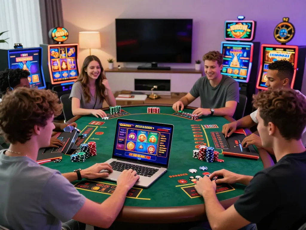 Diverse players enjoying gambling sites not on GamStop in a cozy living room.