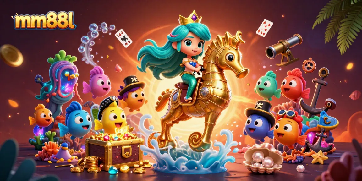 Experience thrilling gaming with mm88l, featuring vibrant cartoon scenes of a mermaid and seahorse amidst treasures.