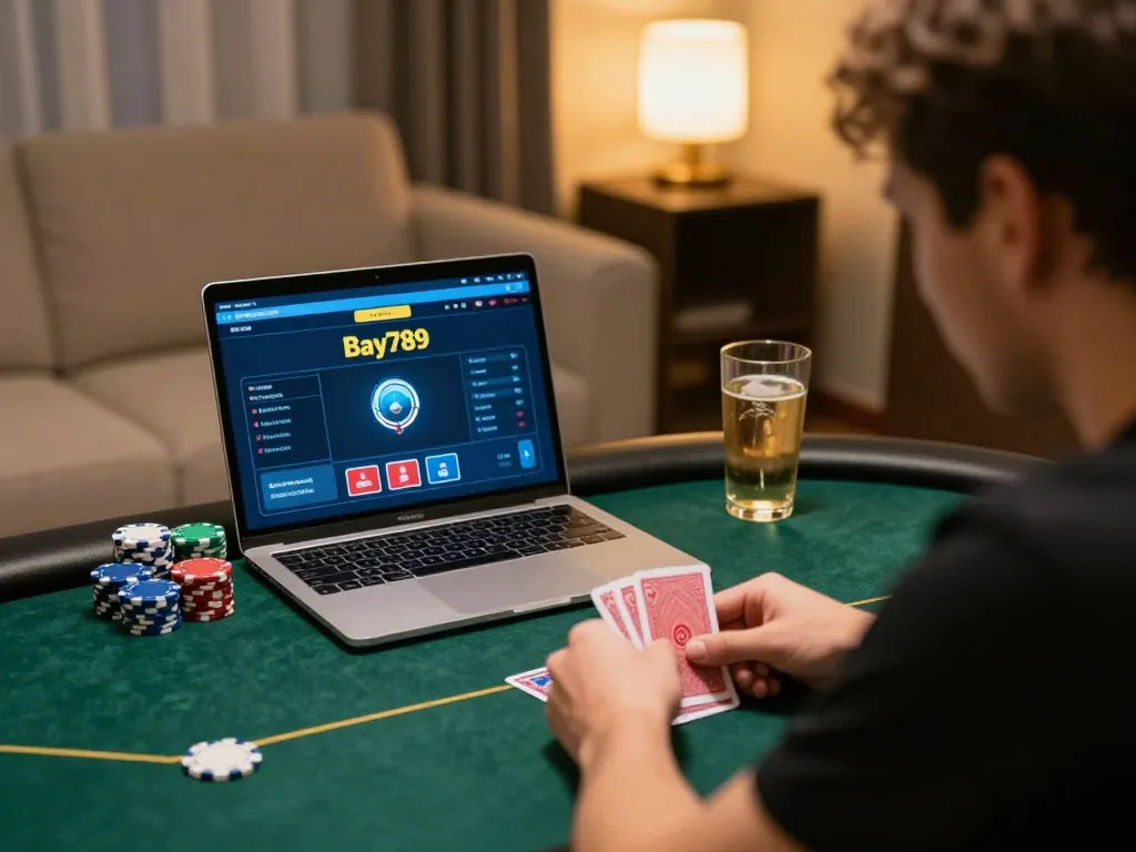Player engaging in a Bay789 online poker game with strategic focus and cozy home atmosphere