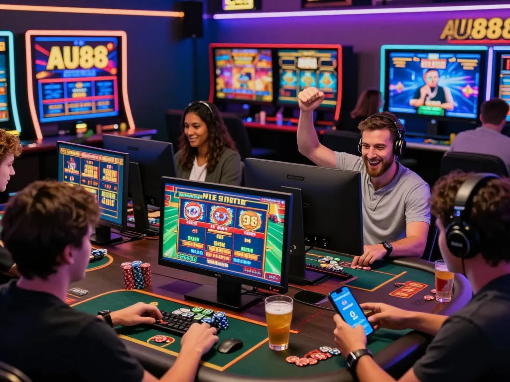 Engaging online gambling atmosphere at https://au88.mex.com/ with players celebrating wins in a vibrant gaming lounge.