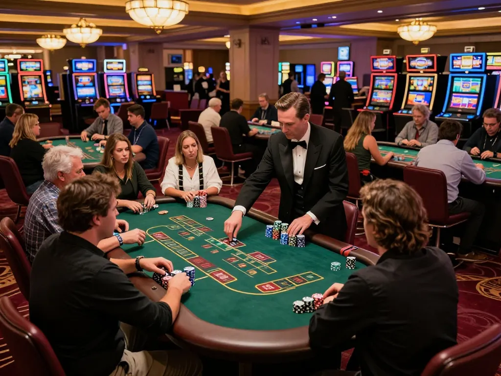 Engaged players at MM88 blackjack table, placing strategic bets in a lively casino atmosphere.
