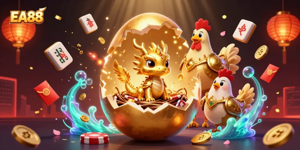 Experience EA88's vibrant casino universe with a golden dragon emerging from poker chips.