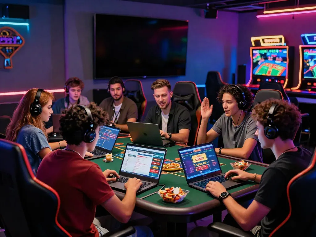 Friends gaming together at vibrant gaming lounge, exploring gambling sites not on GamStop.