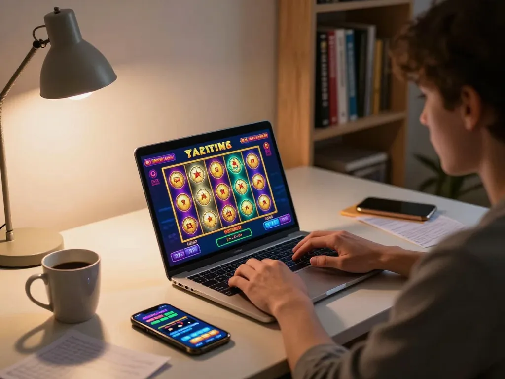 Player engaging with tr88 online casino gaming on laptop in a cozy home environment.