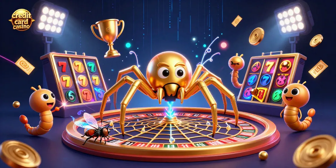 Engage with the vibrant scene of a credit card casino featuring a spider and croupier amidst dynamic slot elements.