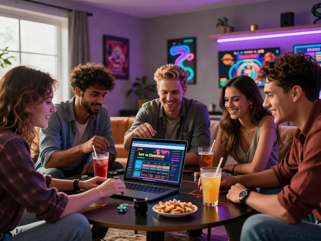 Group enjoying gambling sites not on GamStop in a lively living room