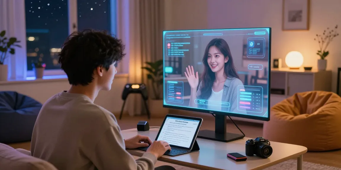 Engaging conversation with an AI girlfriend in a cozy tech-inspired living room.