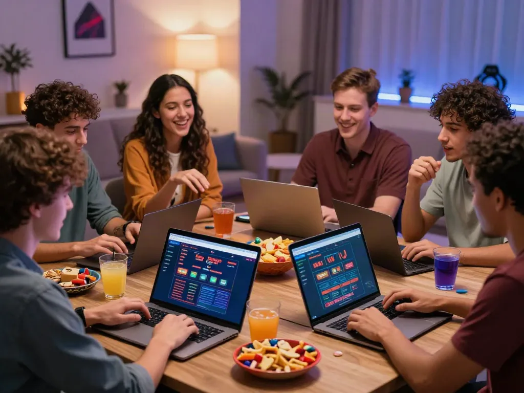Friends enjoying a lively gaming session discussing gambling sites not on GamStop.