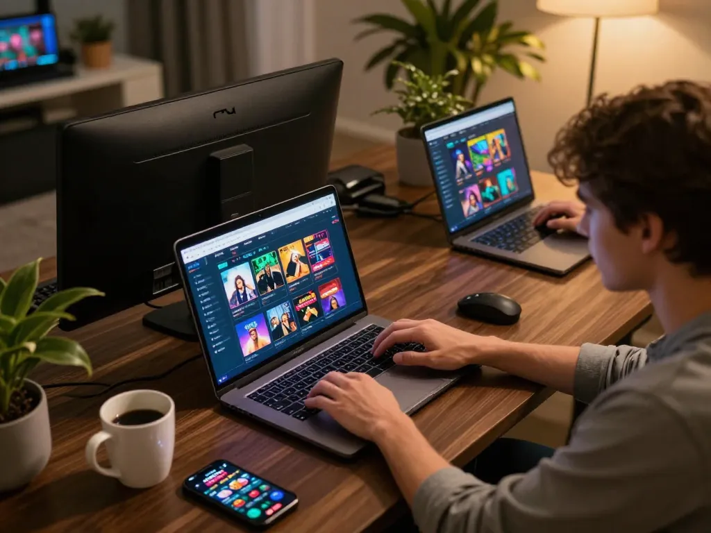 SHBET online gaming session at home with a player engaged in strategic bets on a laptop