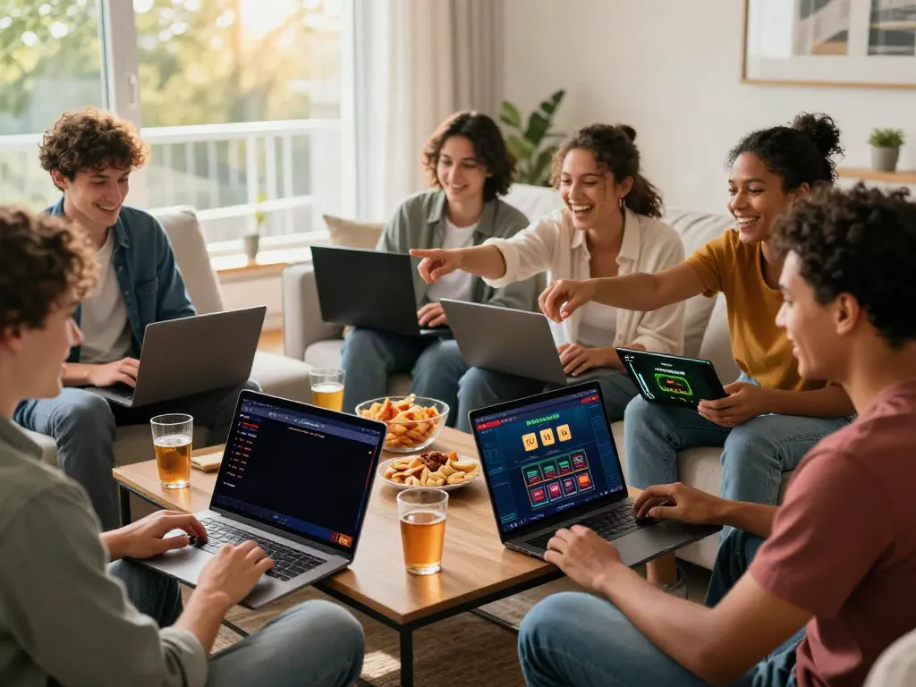 Friends enjoying gambling sites not on GamStop in a lively living room.