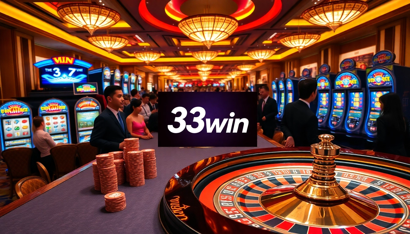 Engaging casino scene showcasing lively gameplay at 33win with poker chips and roulette.