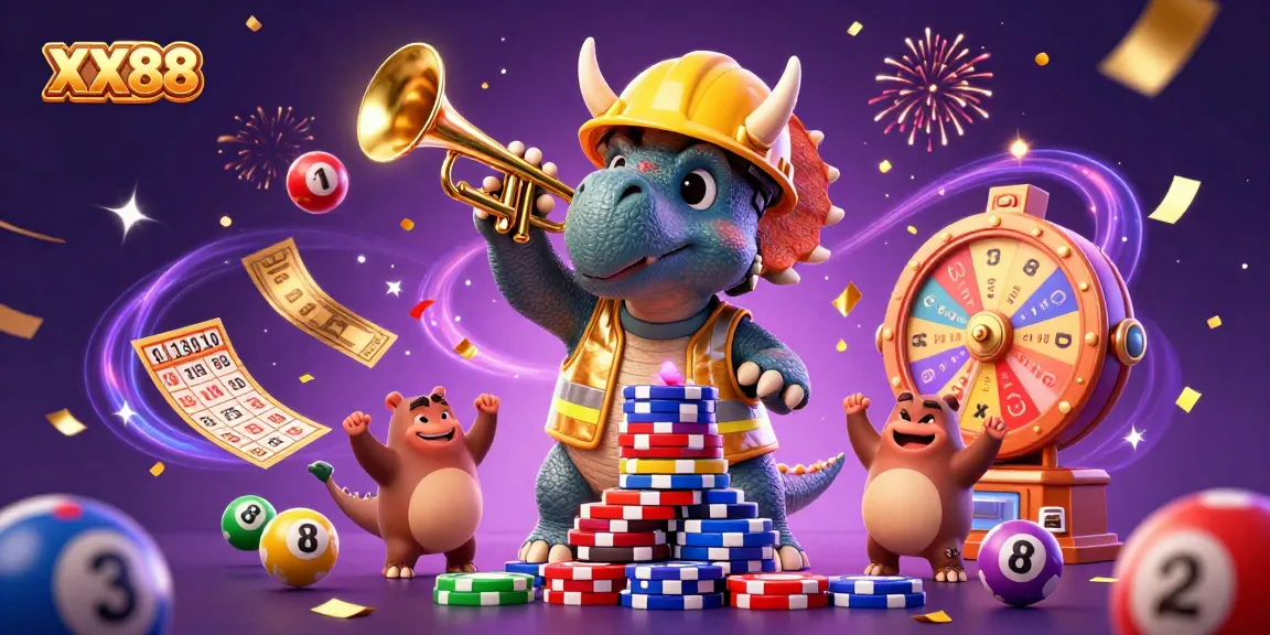 Experience the excitement of gambling with XX88 in a 3D scene featuring celebration elements and playful characters.