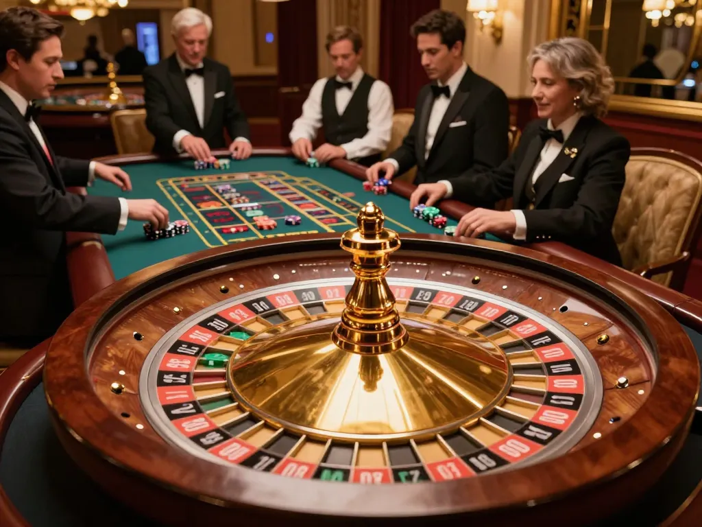 SAY88 players placing bets at a spinning roulette table in a luxury casino.