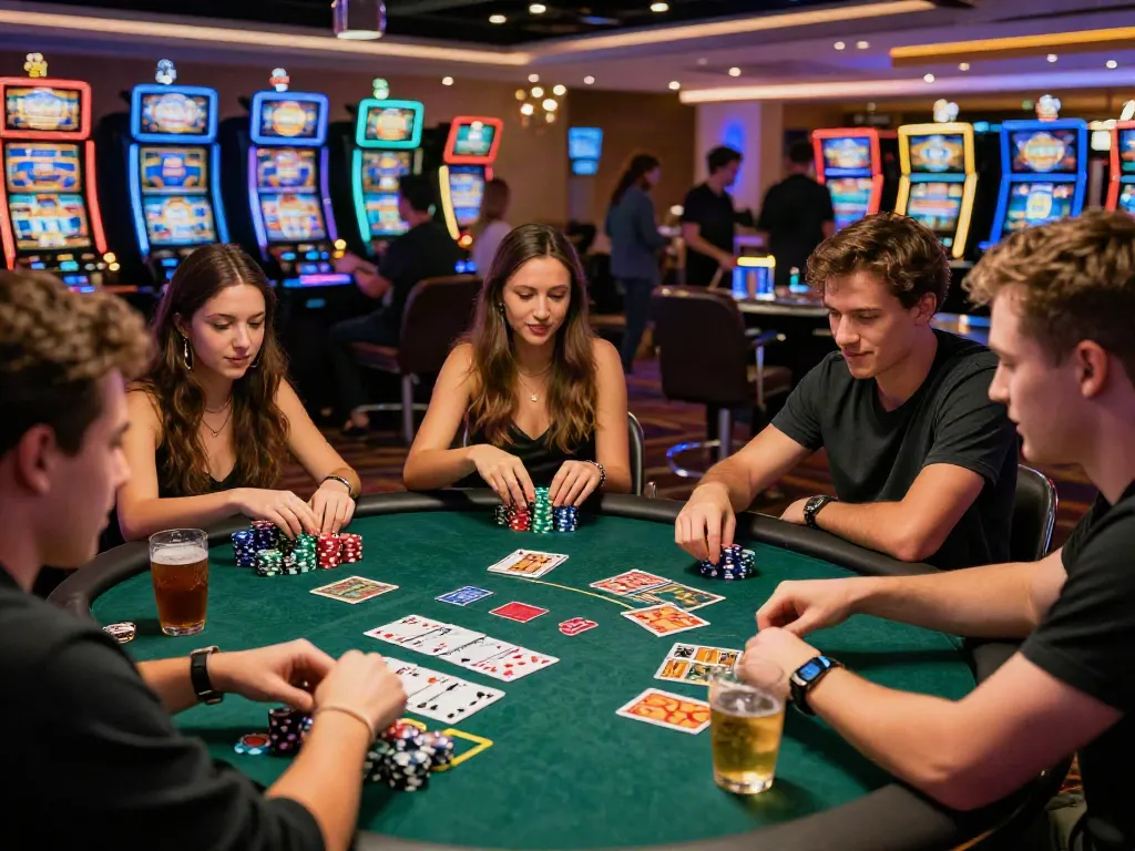 Exciting indoor atmosphere at gambling sites not on GamStop featuring friends playing cards with vibrant casino lights.